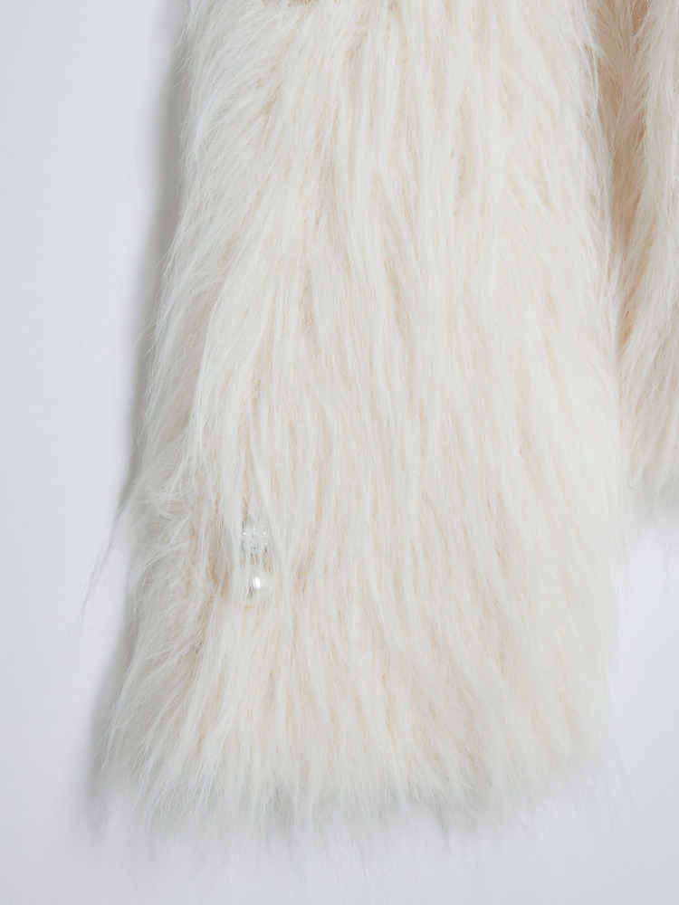 River Island Cream Girls Faux Fur Embellished 100% Cotton Cardigan - Image 5 of 5