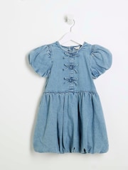 River Island Blue Girls Denim Bow Puff 100% Cotton Sleeve Dress - Image 1 of 2