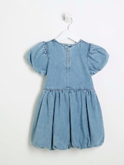 River Island Blue Girls Denim Bow Puff 100% Cotton Sleeve Dress - Image 2 of 2