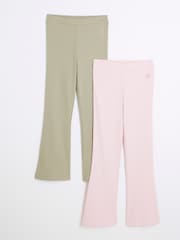River Island Pink Girls Ribbed Kickflare 100% Cotton Trousers 2 Pack - Image 1 of 4