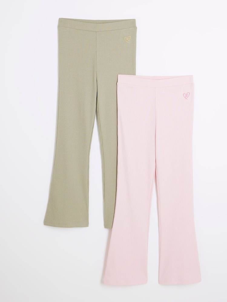 River Island Pink Girls Ribbed Kickflare 100% Cotton Trousers 2 Pack - Image 1 of 4