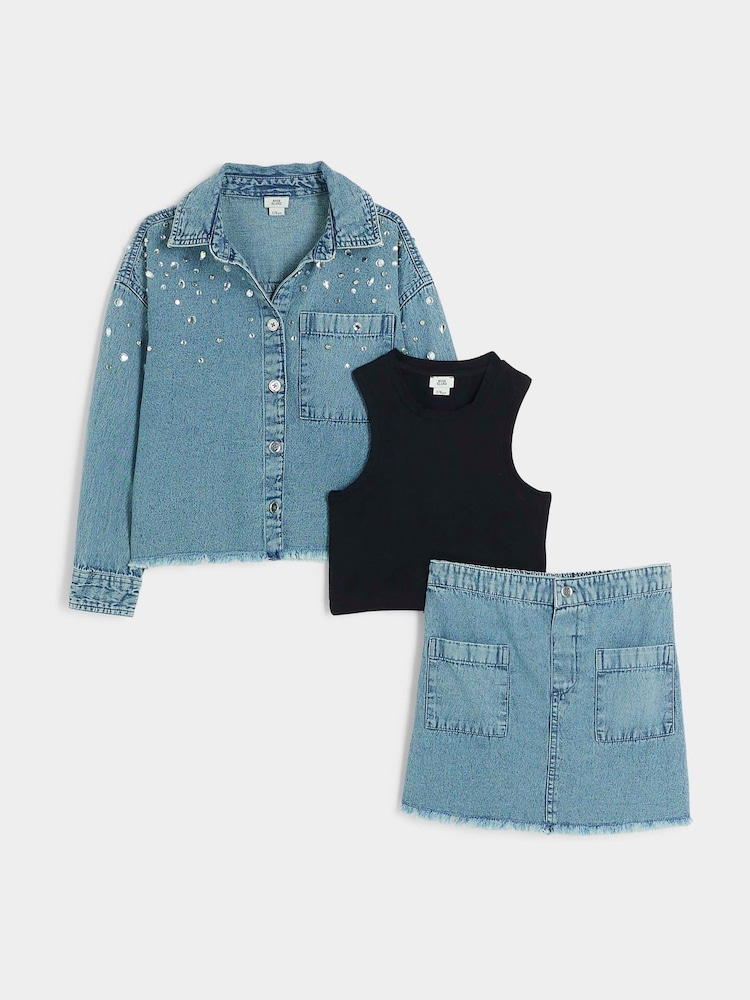 River Island Set aus 100 % Baumwolle mit strassbesetzter Hemdjacke und Rock - Bild 1 von 4
