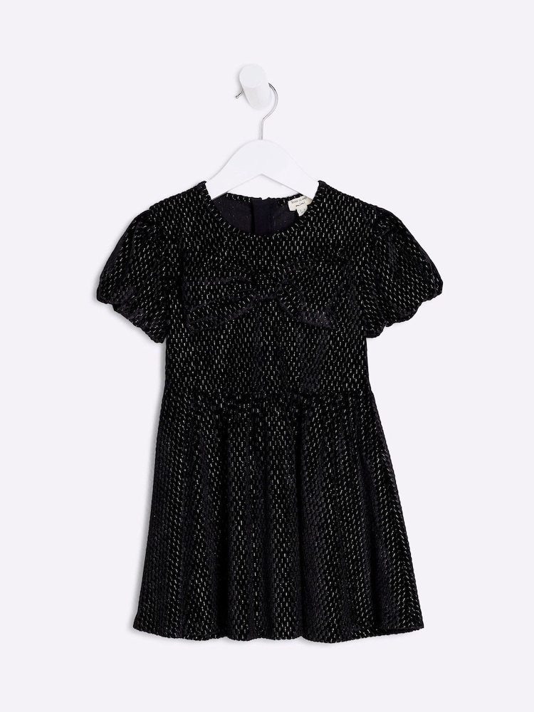 River Island Black Girls Velvet Bow 100% Cotton Dress - Image 1 of 3