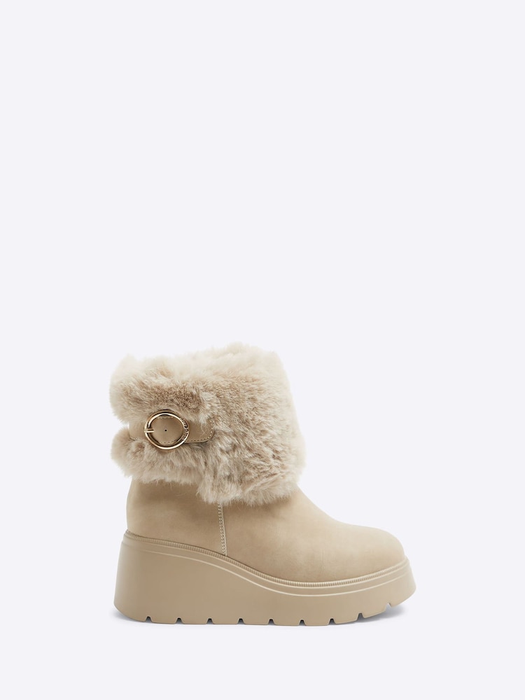 River Island Brown Girls Faux Leather Faux Fur Wedge Boots - Image 1 of 4
