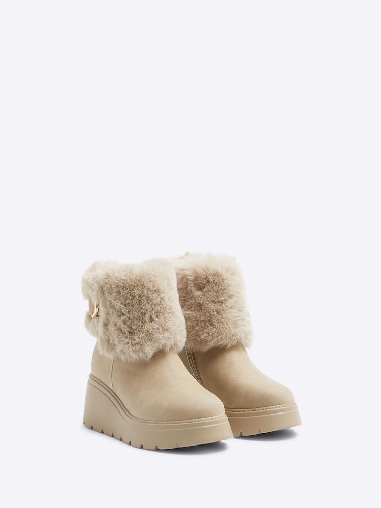 River Island Brown Girls Faux Leather Faux Fur Wedge Boots - Image 2 of 4