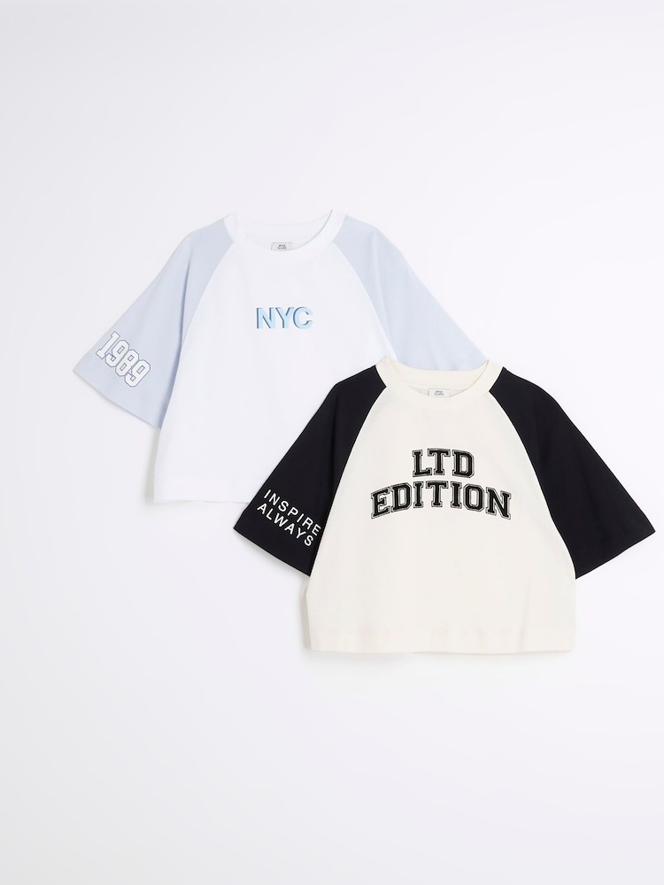 River Island Cream Girls Crop 100% Cotton T-Shirts 2 Pack - Image 1 of 4 River Island Cream Girls Crop 100% Cotton T-Shirts 2 Pack - Image 1 of 4