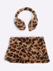 River Island Brown Girls Leopard Earmuff and Snood Set - Image 1 of 3