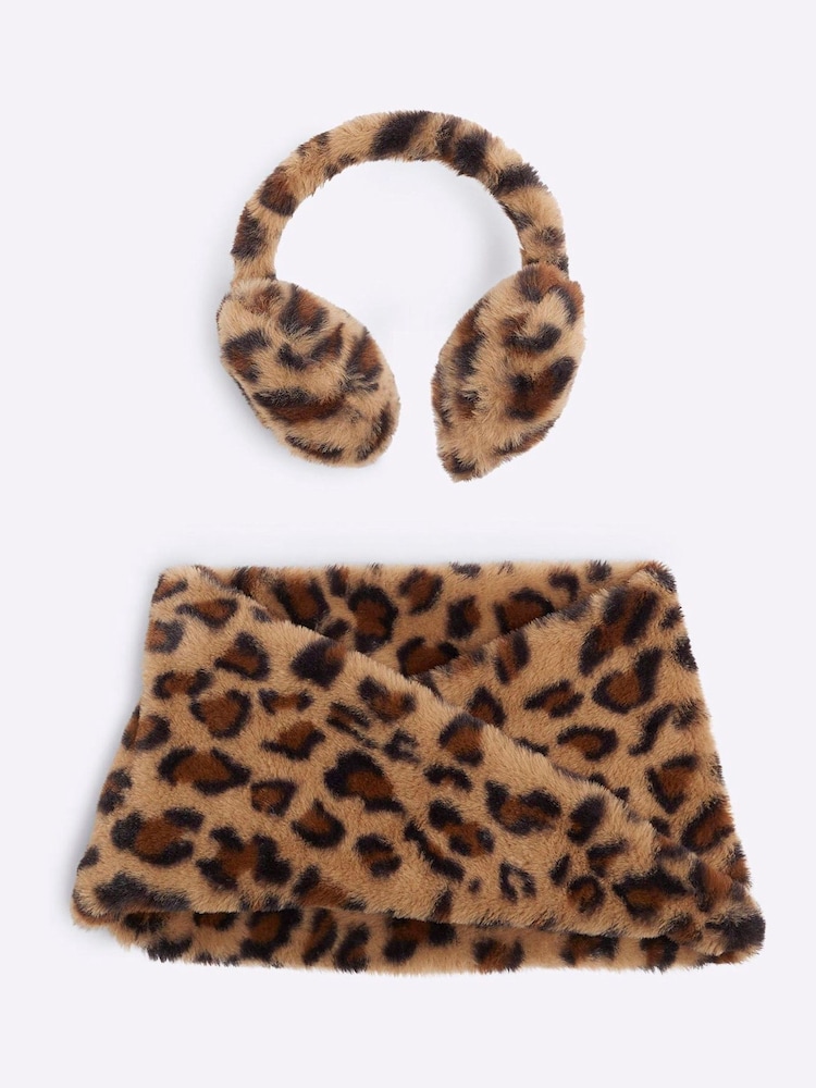 River Island Brown Girls Leopard Earmuff and Snood Set - Image 1 of 3