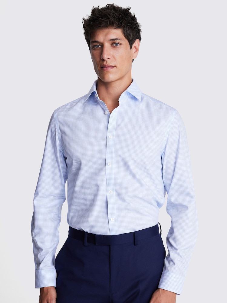 MOSS Blue Slim Fit Check Non-Iron 100% Cotton Shirt - Image 1 of 5
