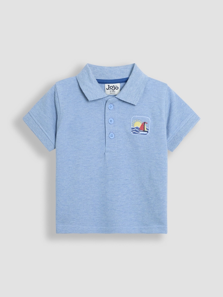 JoJo Maman Bébé Blue Beach Embroidered Badge Polo Shirt - Image 1 of 3