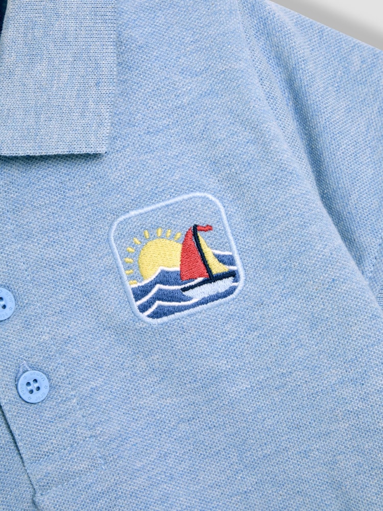 JoJo Maman Bébé Blue Beach Embroidered Badge Polo Shirt - Image 3 of 3