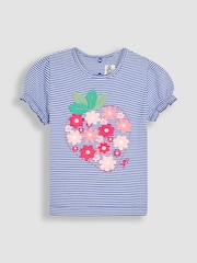 JoJo Maman Bébé Cornflower Blue Strawberry Applique Puff Sleeve T-Shirt - Image 1 of 3