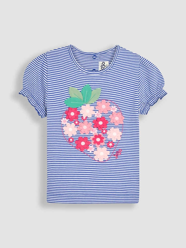JoJo Maman Bébé Cornflower Blue Strawberry Applique Puff Sleeve T-Shirt - Image 1 of 3