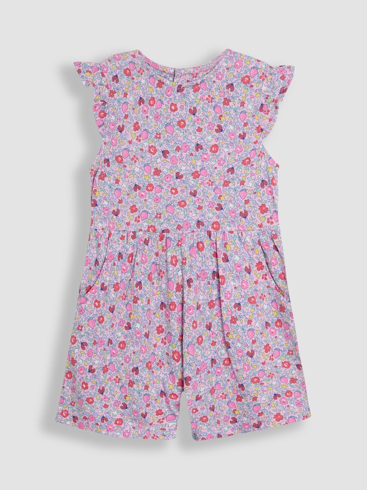 Pink Strawberry Ditsy Floral - JoJo Maman Bébé Ruffle Shoulder 100% Cotton Playsuit - صورة 1 من 3