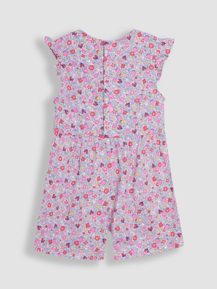 Pink Strawberry Ditsy Floral - JoJo Maman Bébé Ruffle Shoulder 100% Cotton Playsuit - صورة 2 من 3