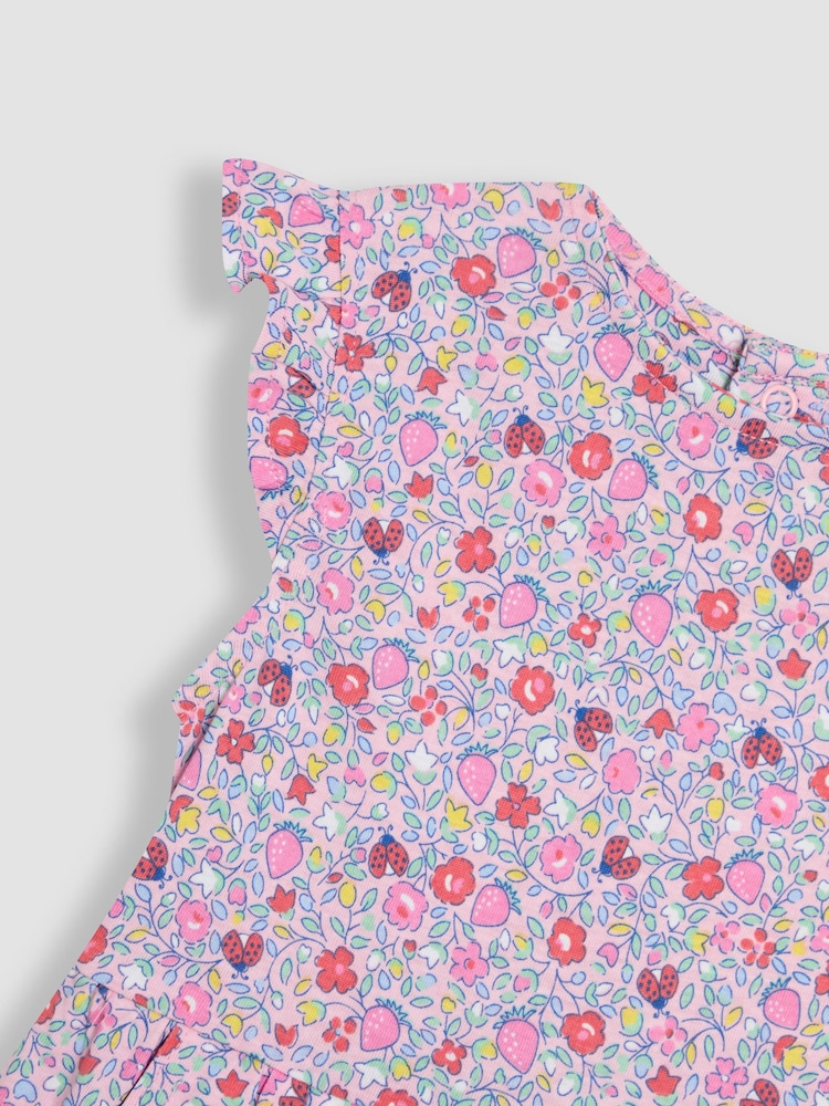 Pink Strawberry Ditsy Floral - JoJo Maman Bébé Ruffle Shoulder 100% Cotton Playsuit - صورة 3 من 3