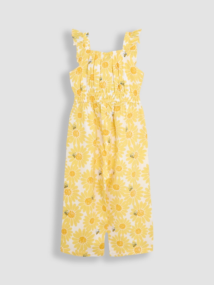 JoJo Maman Bébé Yellow Sunflower Print Seersucker Frill Sleeve Jumpsuit - Image 2 of 3