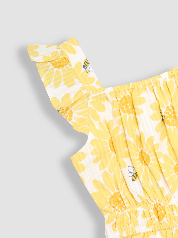 JoJo Maman Bébé Yellow Sunflower Print Seersucker Frill Sleeve Jumpsuit - Image 3 of 3