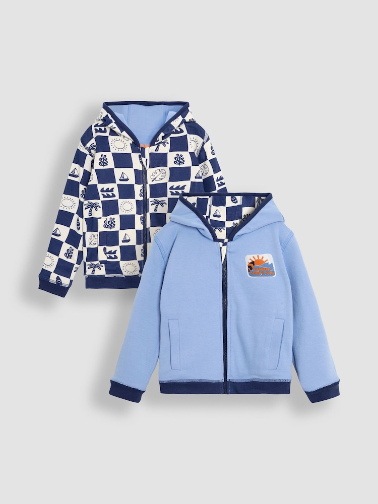 JoJo Maman Bébé Navy Surf Checkerboard Print Reversible 100% Cotton Hoodie - Image 1 of 8