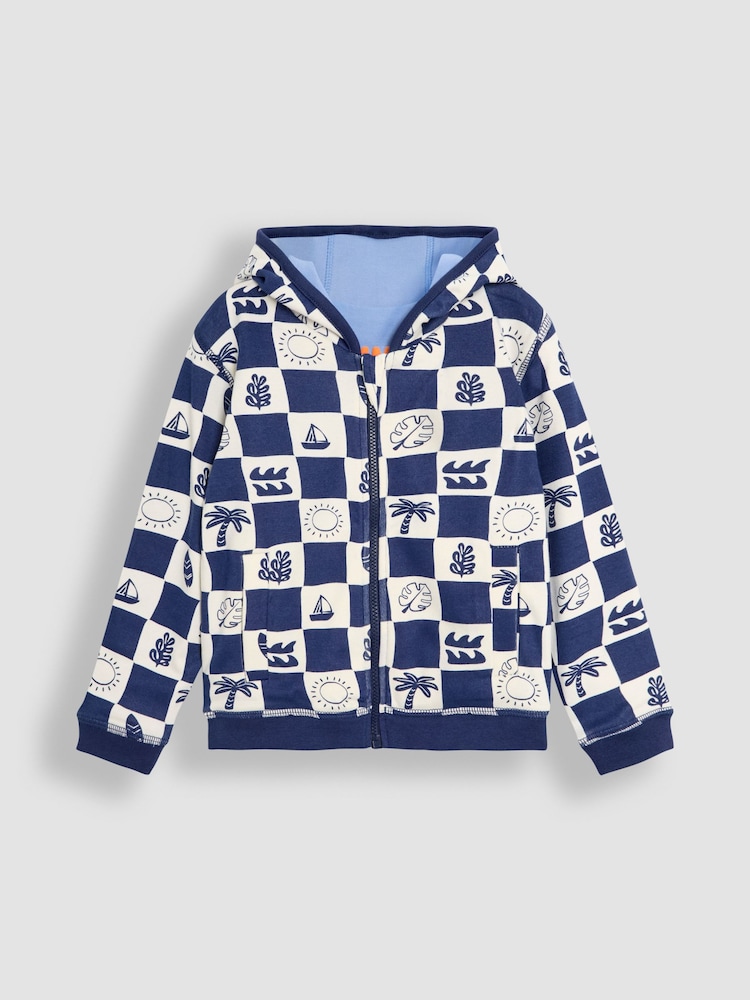 JoJo Maman Bébé Navy Surf Checkerboard Print Reversible 100% Cotton Hoodie - Image 2 of 8