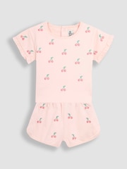 JoJo Maman Bébé Pink Cherry Embroidered Frill T-Shirt and Shorts Set 2 Piece - Image 1 of 5