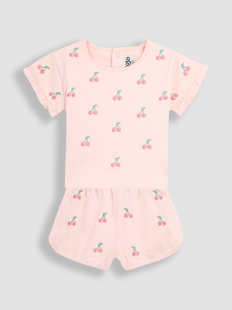 JoJo Maman Bébé Pink Cherry Embroidered Frill T-Shirt and Shorts Set 2 Piece - Image 1 of 5