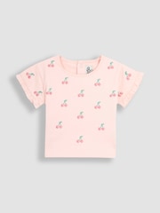 JoJo Maman Bébé Pink Cherry Embroidered Frill T-Shirt and Shorts Set 2 Piece - Image 2 of 5