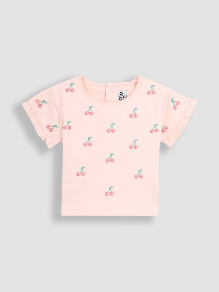 JoJo Maman Bébé Pink Cherry Embroidered Frill T-Shirt and Shorts Set 2 Piece - Image 2 of 5