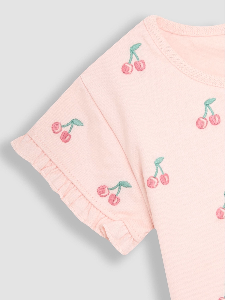 JoJo Maman Bébé Pink Cherry Embroidered Frill T-Shirt and Shorts Set 2 Piece - Image 5 of 5