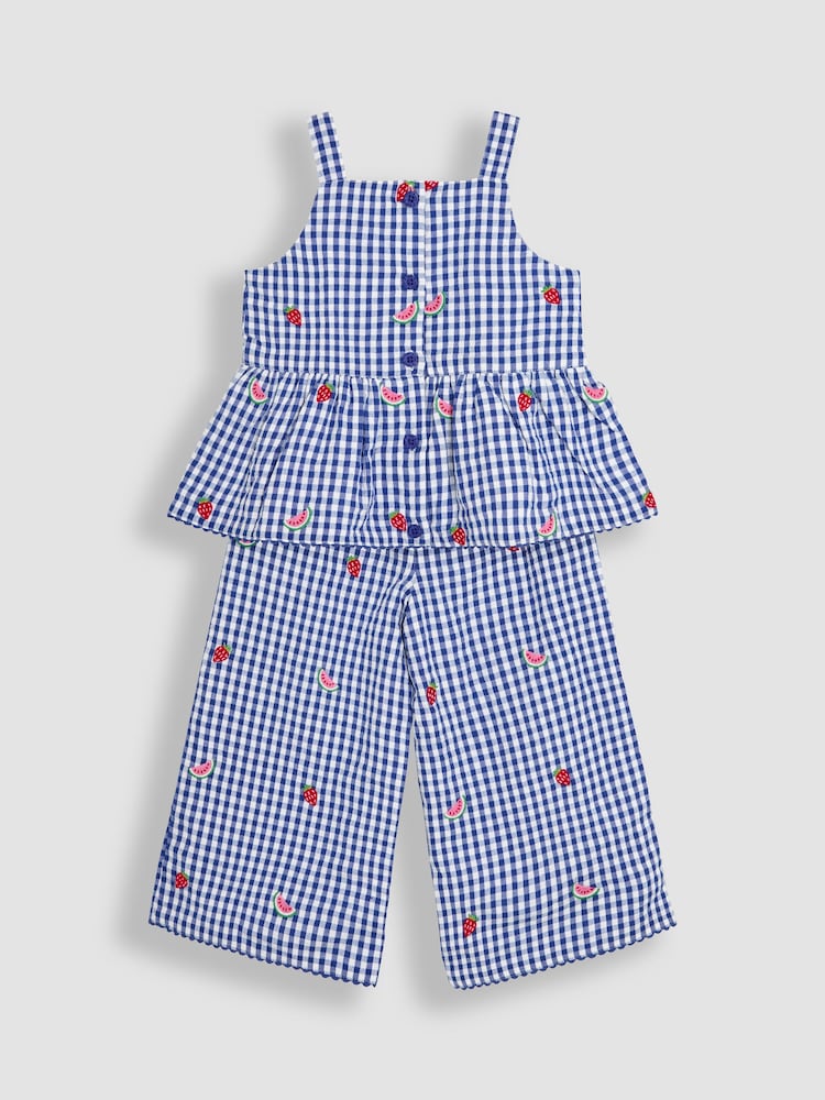 JoJo Maman Bébé Blue Strawberry 2-Piece Embroidered Top & Trousers Set - Image 1 of 7