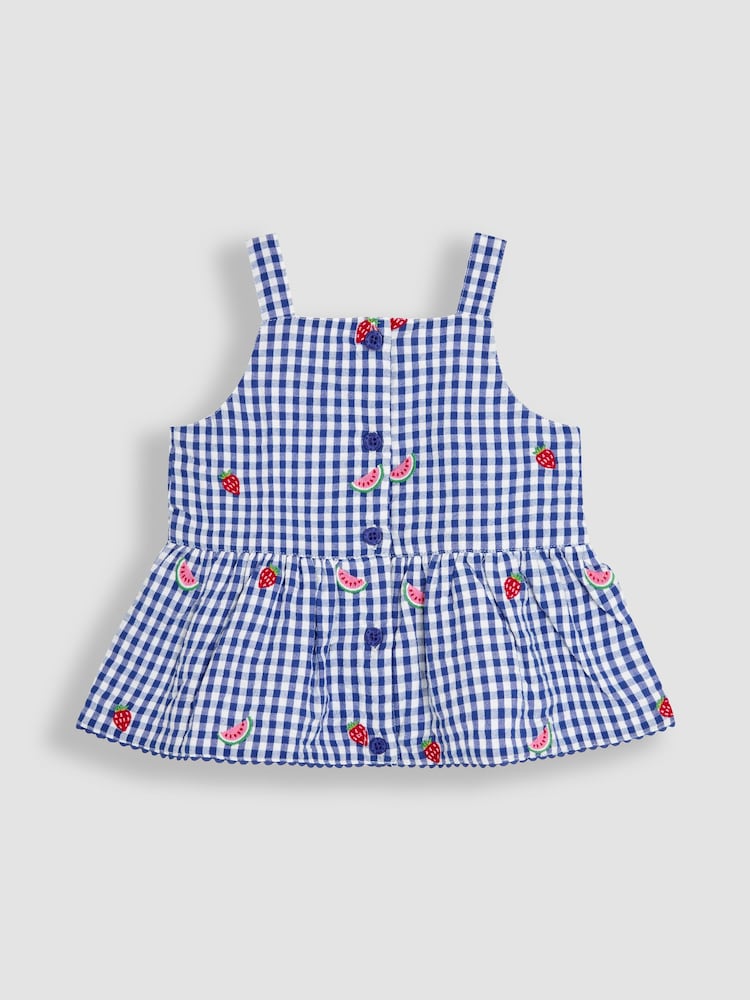 JoJo Maman Bébé Blue Strawberry 2-Piece Embroidered Top & Trousers Set - Image 2 of 7