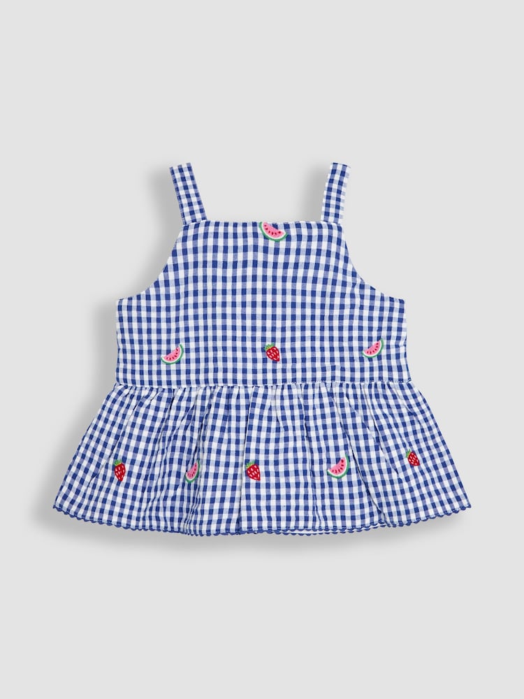 JoJo Maman Bébé Blue Strawberry 2-Piece Embroidered Top & Trousers Set - Image 4 of 7
