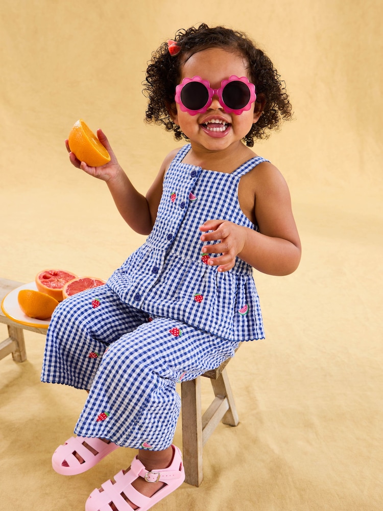 JoJo Maman Bébé Blue Strawberry 2-Piece Embroidered Top & Trousers Set - Image 7 of 7
