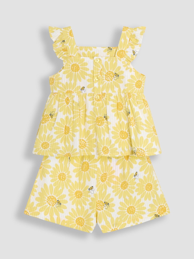 Gelb, Sonnenblumenprint - JoJo Maman Bébé 2-Piece Frill Shoulder Top & Short Set - Image 1 of 6