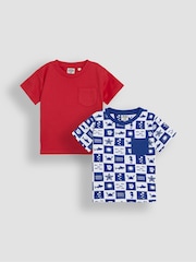 JoJo Maman Bébé Blue Beach Checkerboard 100% Cotton Printed & Plain T-Shirts 2 Pack - Image 1 of 5