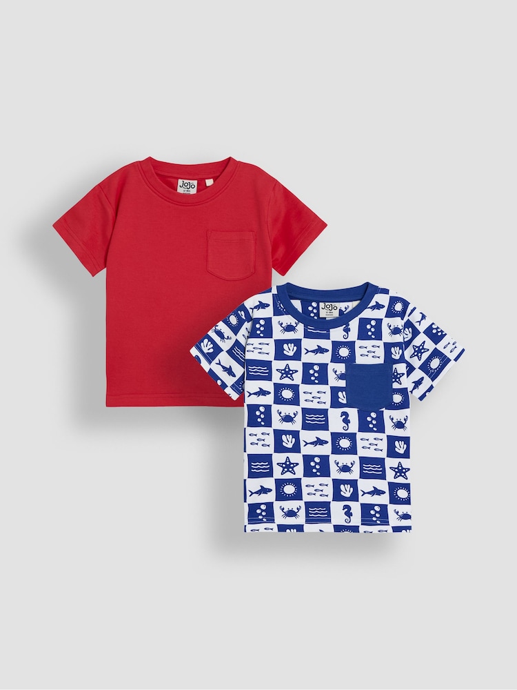 JoJo Maman Bébé Blue Beach Checkerboard 100% Cotton Printed & Plain T-Shirts 2 Pack - Image 1 of 5