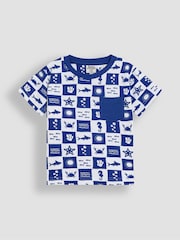 JoJo Maman Bébé Blue Beach Checkerboard 100% Cotton Printed & Plain T-Shirts 2 Pack - Image 2 of 5