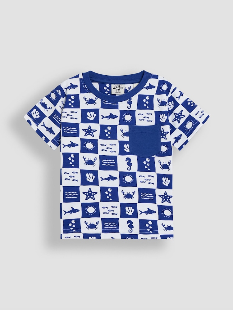 JoJo Maman Bébé Blue Beach Checkerboard 100% Cotton Printed & Plain T-Shirts 2 Pack - Image 2 of 5