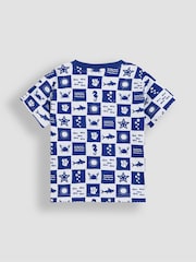 JoJo Maman Bébé Blue Beach Checkerboard 100% Cotton Printed & Plain T-Shirts 2 Pack - Image 3 of 5