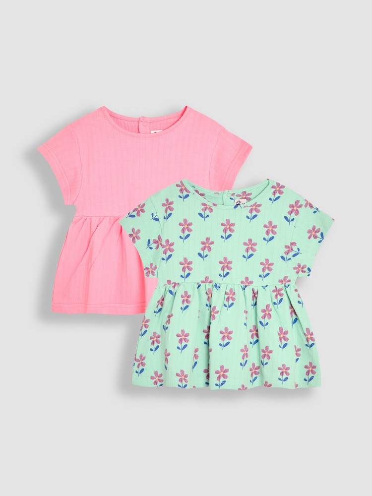 JoJo Maman Bébé Green Floral Print Drop Shoulder T-Shirts 2 Pack - Image 1 of 9