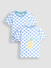 JoJo Maman Bébé Blue Pineapple Back Appliqué Checkerboard 100% Cotton T-Shirt - Image 1 of 5