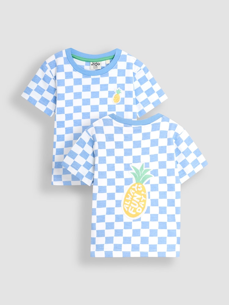 JoJo Maman Bébé Blue Pineapple Back Appliqué Checkerboard 100% Cotton T-Shirt - Image 1 of 5