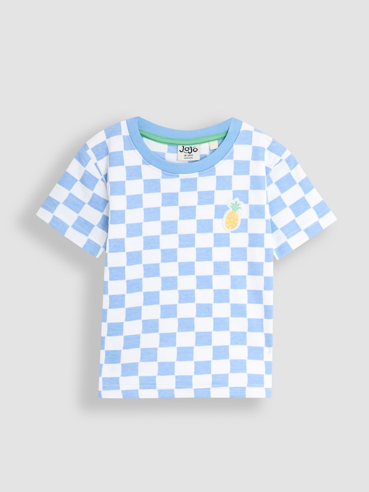 JoJo Maman Bébé Blue Pineapple Back Appliqué Checkerboard 100% Cotton T-Shirt - Image 2 of 5