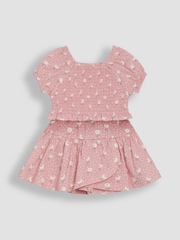 JoJo Maman Bébé Pink Daisy Smocked 100% Cotton T-Shirt & Skort Set 2 Piece - Image 1 of 3