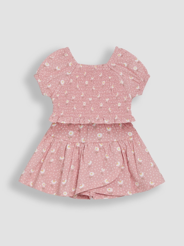 JoJo Maman Bébé Pink Daisy Smocked 100% Cotton T-Shirt & Skort Set 2 Piece - Image 1 of 3
