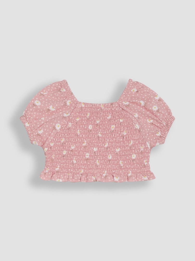 JoJo Maman Bébé Pink Daisy Smocked 100% Cotton T-Shirt & Skort Set 2 Piece - Image 2 of 3