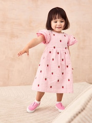JoJo Maman Bébé Pink Strawberry Embroidered Gingham Double Frill Shoulder Dress - Image 1 of 7