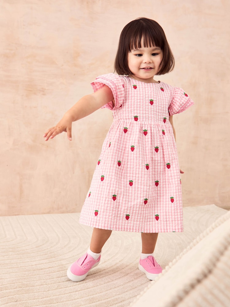 JoJo Maman Bébé Pink Strawberry Embroidered Gingham Double Frill Shoulder Dress - Image 1 of 7