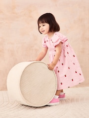 JoJo Maman Bébé Pink Strawberry Embroidered Gingham Double Frill Shoulder Dress - Image 3 of 7