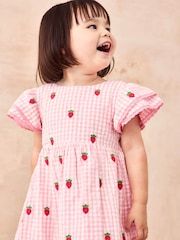 JoJo Maman Bébé Pink Strawberry Embroidered Gingham Double Frill Shoulder Dress - Image 4 of 7